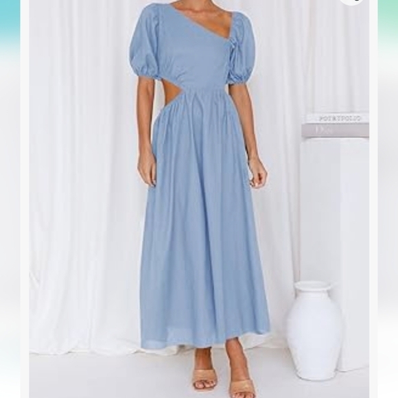 BTFBM Puff Sleeve Asymmetrical Neck High Waist Cutout Swing Maxi Dress Blue SZ M - Picture 1 of 9